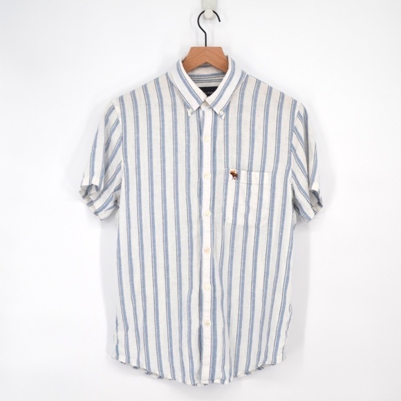 Abercrombie & Fitch Summer Linen Blend Button Up Shirt Short Sleeve Blue White S - Picture 1 of 8